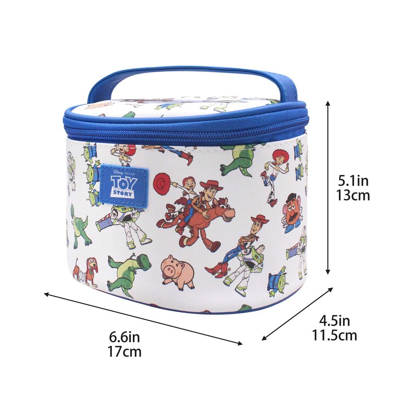 Finex Cartoon Story PVC Waterproof Makeup Organizer Bag Zipper Closure with Top Handle and Removable Matching Hand Strap Oval Base Case