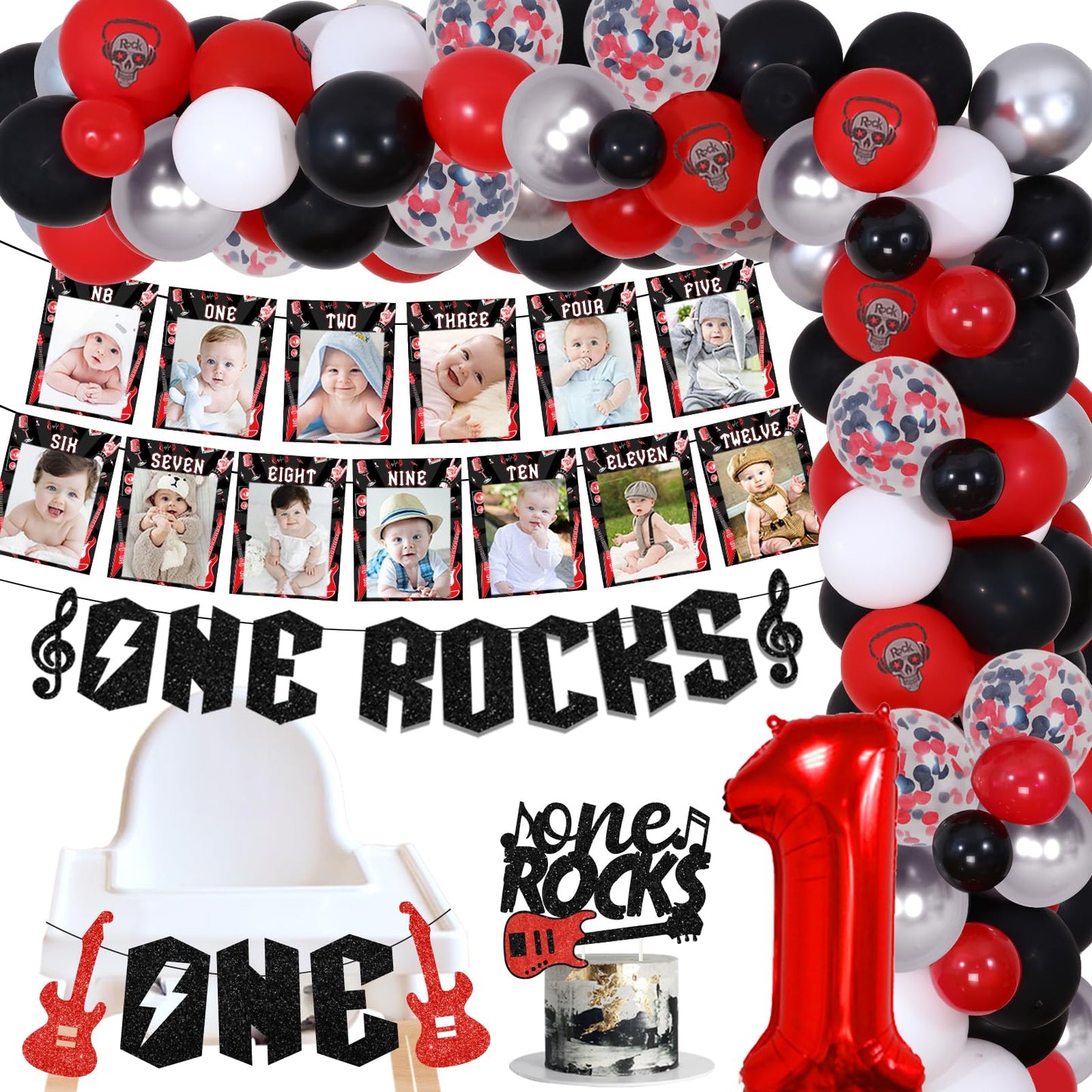Fangleland Red Black One Rocks 1st Birthday Decorations, Rock and Roll First Bday Balloon Garland Arch Kit, Born to Rock Photo Highchair Banner, Music Themed Cake Topper Party Supplies