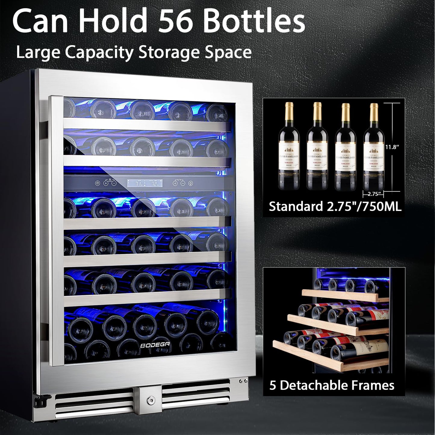 BODEGA 24 Inch Dual Zone Wine Cooler, 56 Bottle Wine Refrigerator, Built-In or Freestanding Wine Fridge, Fast & Quiet Cooling for Red, White, Sparkling Wines.