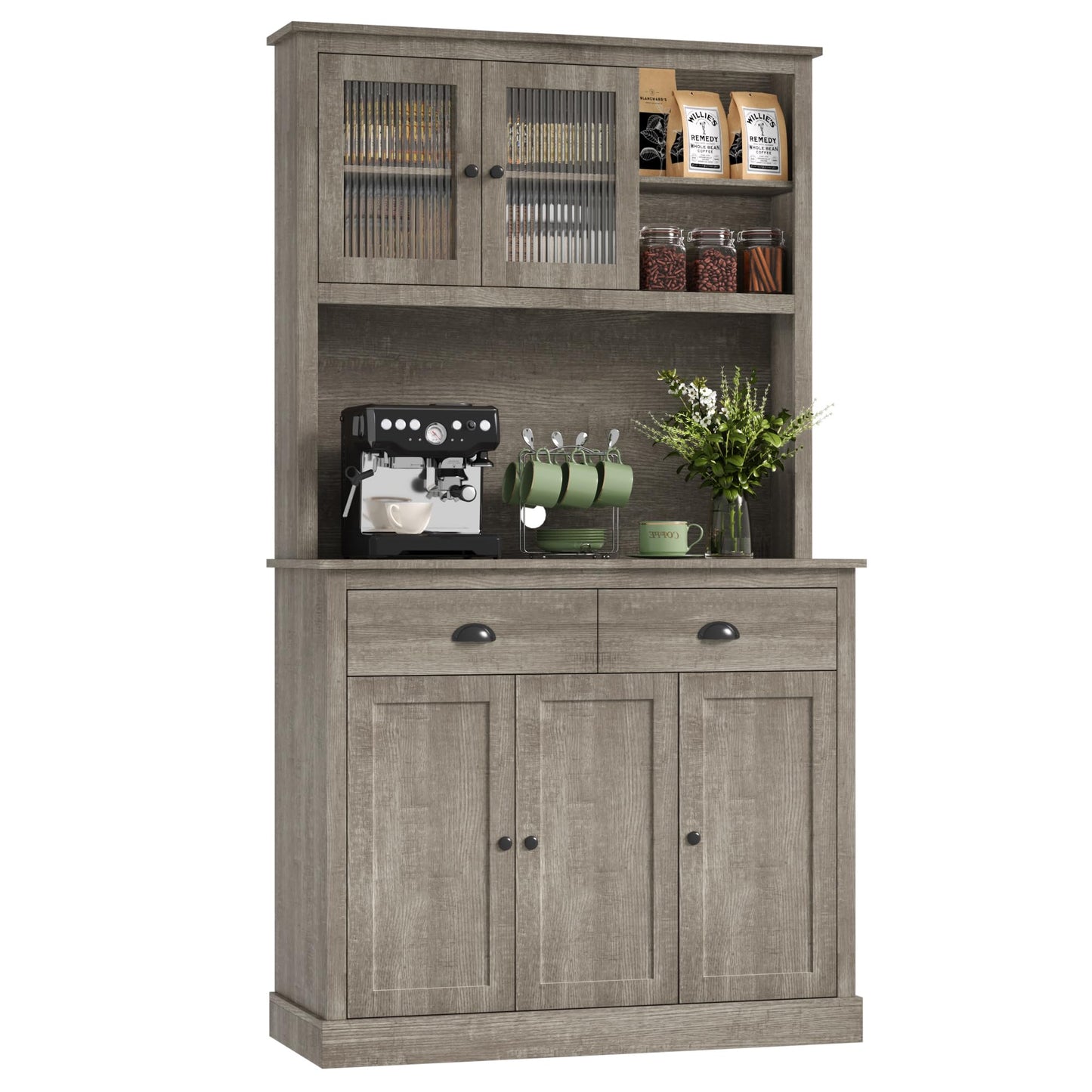 GarveeHome Pantry Cabinet with Drawers and Adjustable Shelves, 71" Tall Freestanding Kitchen Cabinet with Microwave Stand, Kitchen Hutch for Dining Room, Rustic Grey
