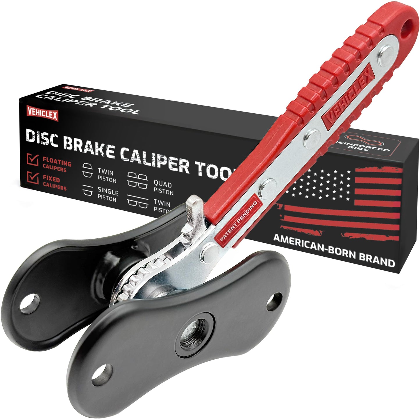Vehiclex Brake Caliper Compression Tool – Heavy Duty Brake Pad Spreader Tool with Ratcheting Handle & Rib-Reinforced Plates – Caliper Piston Compressor Tool for Cars, SUVs, and Light Trucks