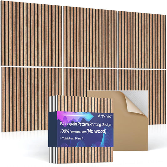 6Pack Large Acoustic Panels, Self-Adhesive Soundproof Wall Panels, Sound Proof Foam Panels for Walls, Decorative Acoustic Wall Art for Recording Studio, Home, Office, 24×24×0.4", Natural Walnut Color
