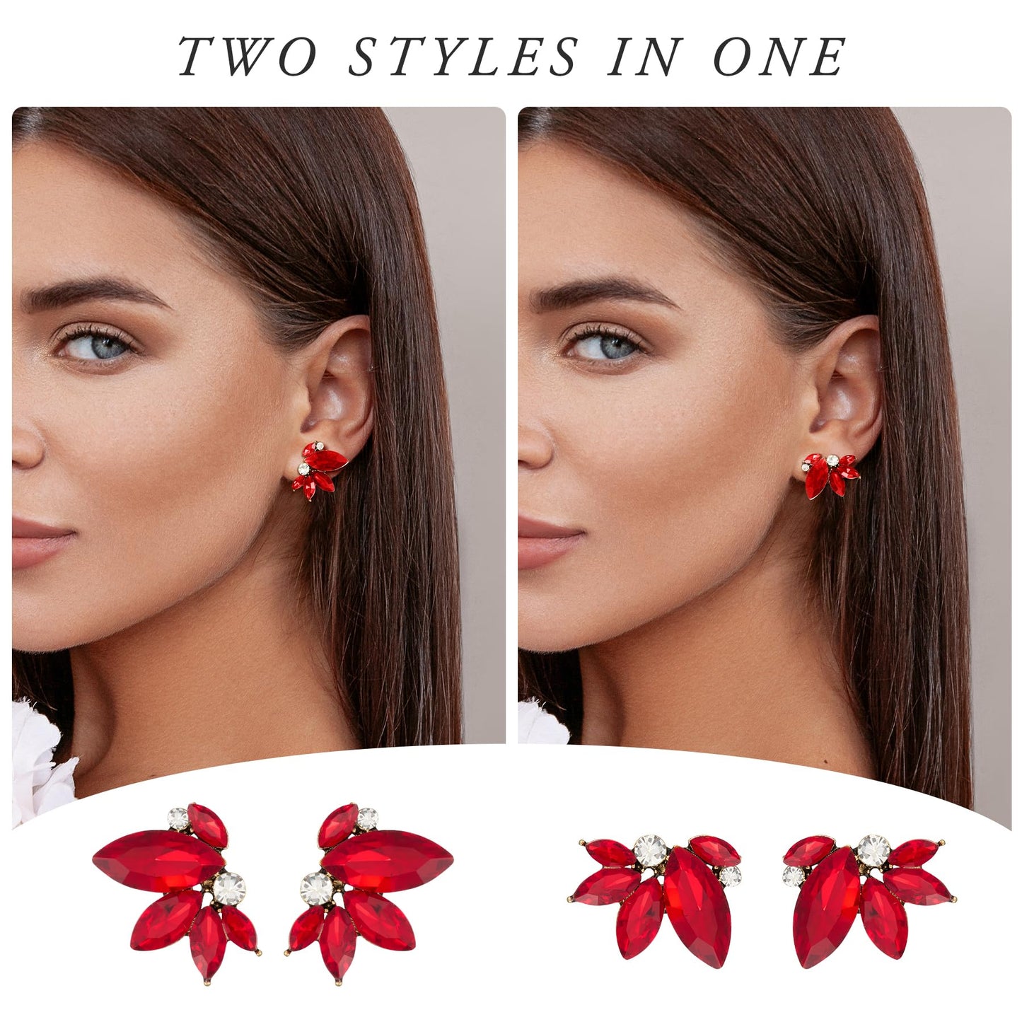 SWEETV Sparkly Red Rhinestone Stud Earrings for Women, Crystal Wedding Bridal Earrings for Brides,Cluster Bridesmaid Earrings, Prom Formal Party Jewelry