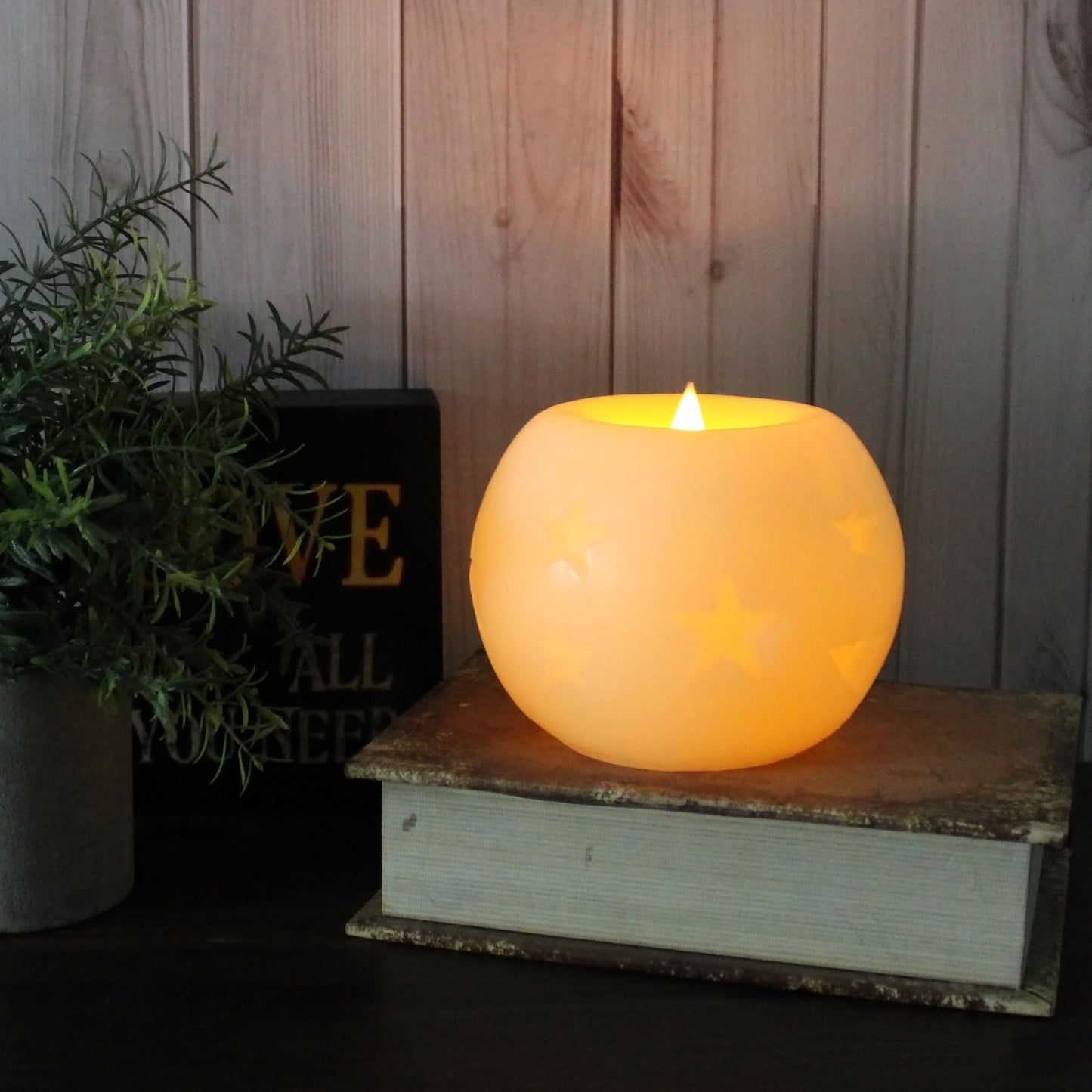 CVHOMEDECO. Moon Sphere Wax LED Dancing Flame Candle Ball Battery Operated Wax LED Flameless Candle with Timer and Remote Control (5" Dia. X 4"" H)"