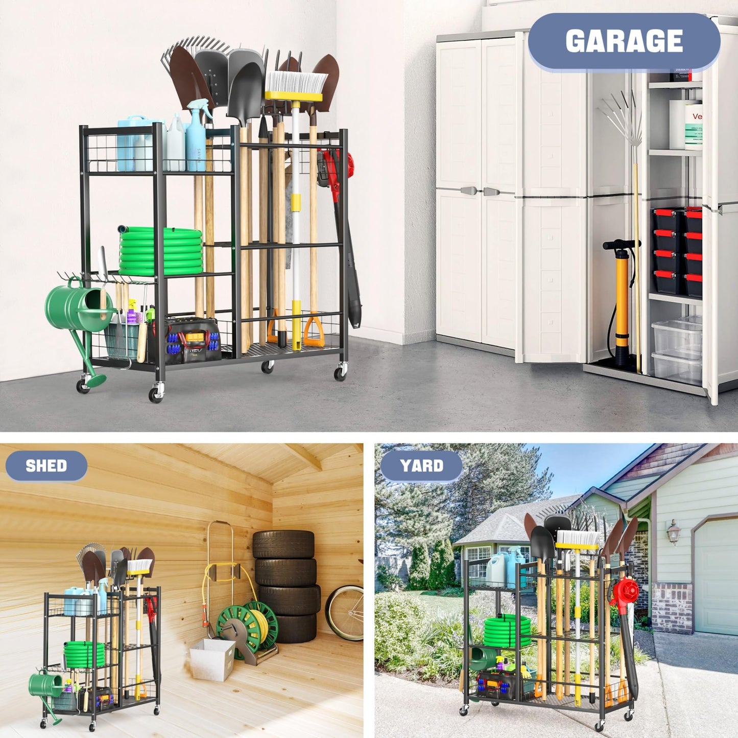 WALMANN Large Garden Tool Organizer with Wheels for Garage, Rakes/Shovels/Yard Tools Storage Stand for Yard, Garden, Indoor/Outdoor Long-Handled Tools Rolling Cart(Tool stand with shelves)