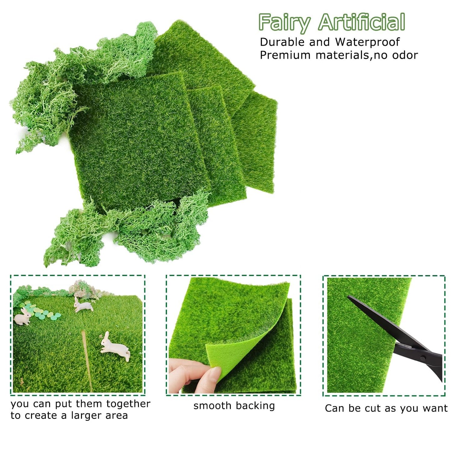 QuarenDen Miniature Garden Accessories, 36Pcs, 6in x 6in Fairy Artificial Grass, Fake Moss, Mini Fairy Garden Grass, Fairy Garden kit for Dollhouse Decoration Plant House Decor