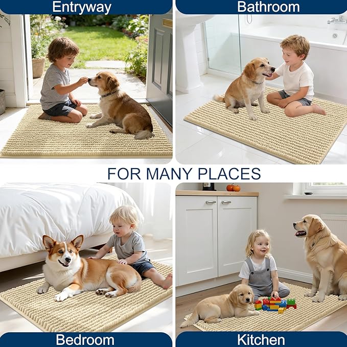 OLANLY Dog Door Mat for Muddy Paws 47x20, Ultra Absorbent Chenille Mud Doormat, Non-Slip Washable and Dirt Trapping Doormat for Indoor Entryway, Quick-Dry Indoor Pet Bed Mats for Dogs, Sand