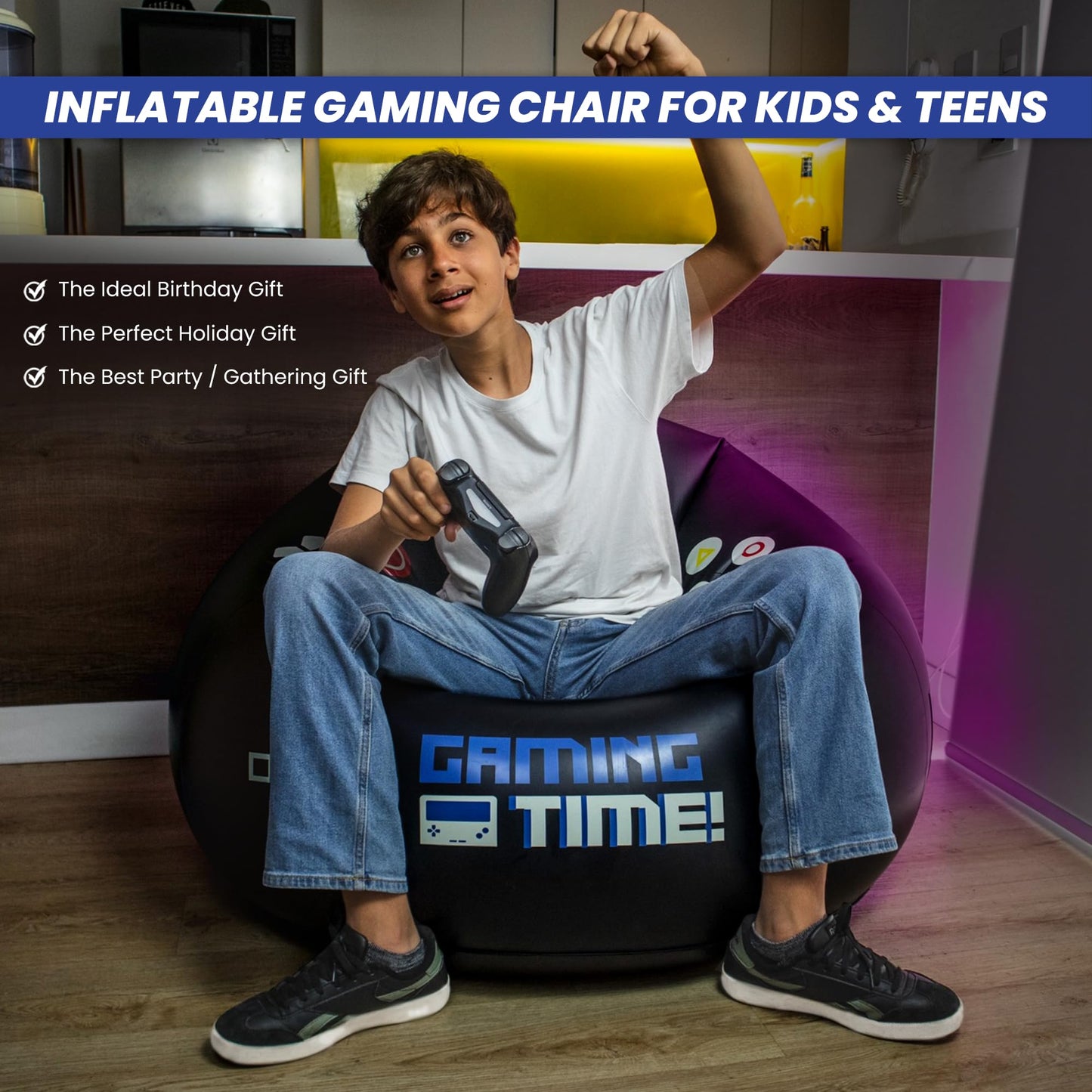 Inflatable Gaming Chair for Kids & Teens with Cup Holders and Side Pocket - This Air Gaming Bean Bag Chairs for kids is The Perfect Furniture for Gamer Room Decor - Perfect Gaming Stuff for boys 4-12