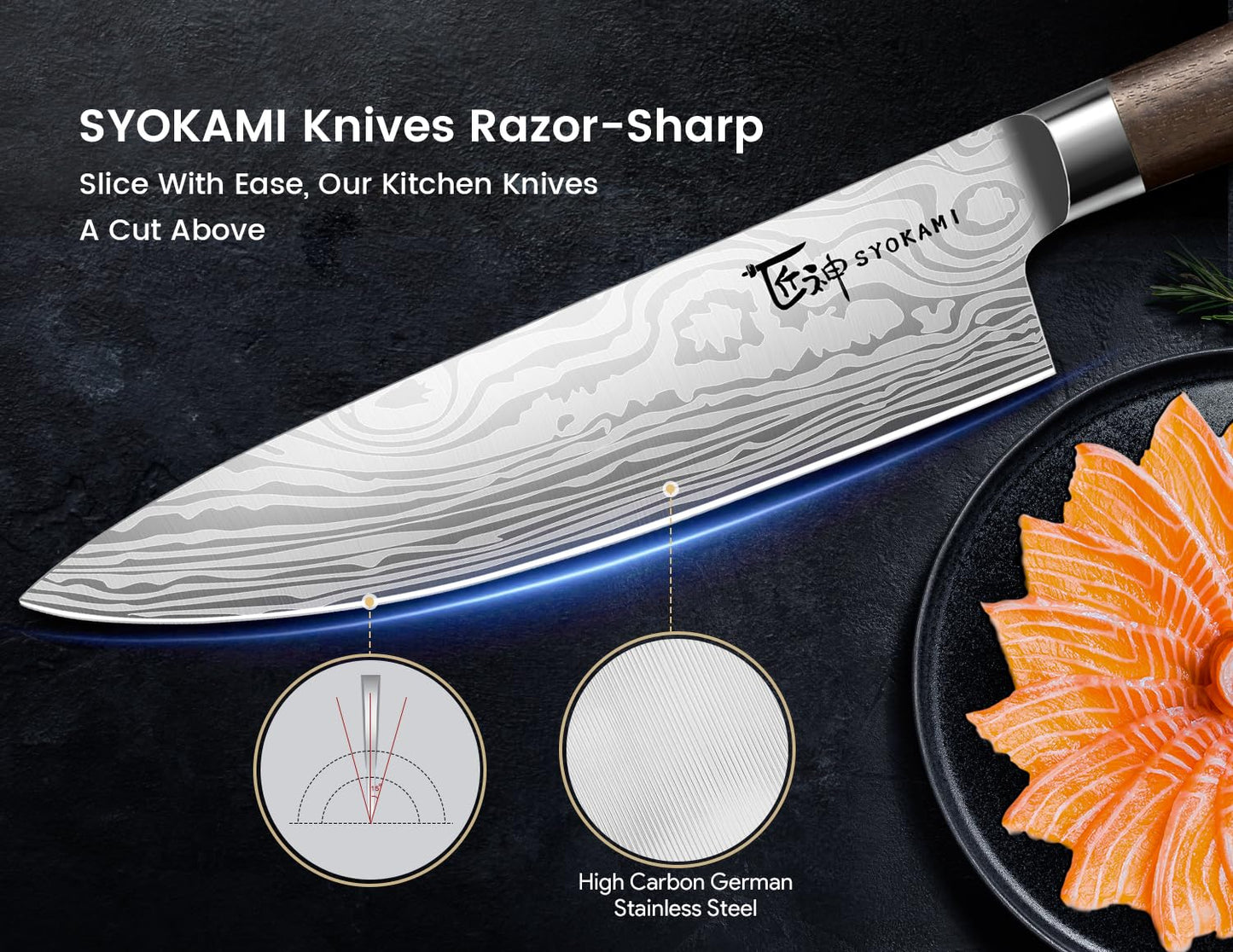 SYOKAMI Kitchen Knife Set with Magnetic Block and Sharpener 14 Piece Knife Set 360° Rotatable Holder Ultra Sharp High Carbon Stainless Steel Knives Sets with Steak Knives, Ideal Gift