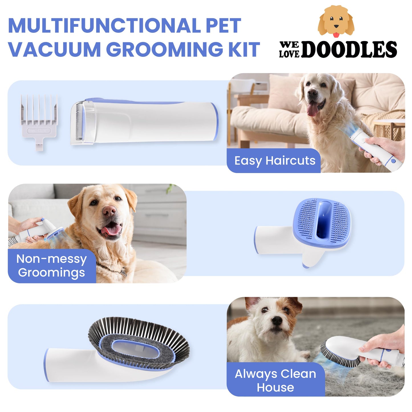 We Love Doodles 11-in-1 Dog Grooming Vacuum - Professional-Grade Dog Clippers, Lightweight Pet Vacuum Grooming Kit for Dogs at Home, for Long Hair & Non Shedding Dogs, Goldendoodles & Poodles