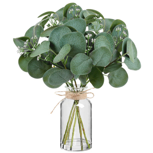 14" Artificial Eucalyptus Stems in Glass Vase with Faux Water, Realistic Eucalyptus Leaves Fake Plant Branch Greenery Decoration for Home Farmhouse Bathroom Kitchen Wedding Centerpiece Table Décor