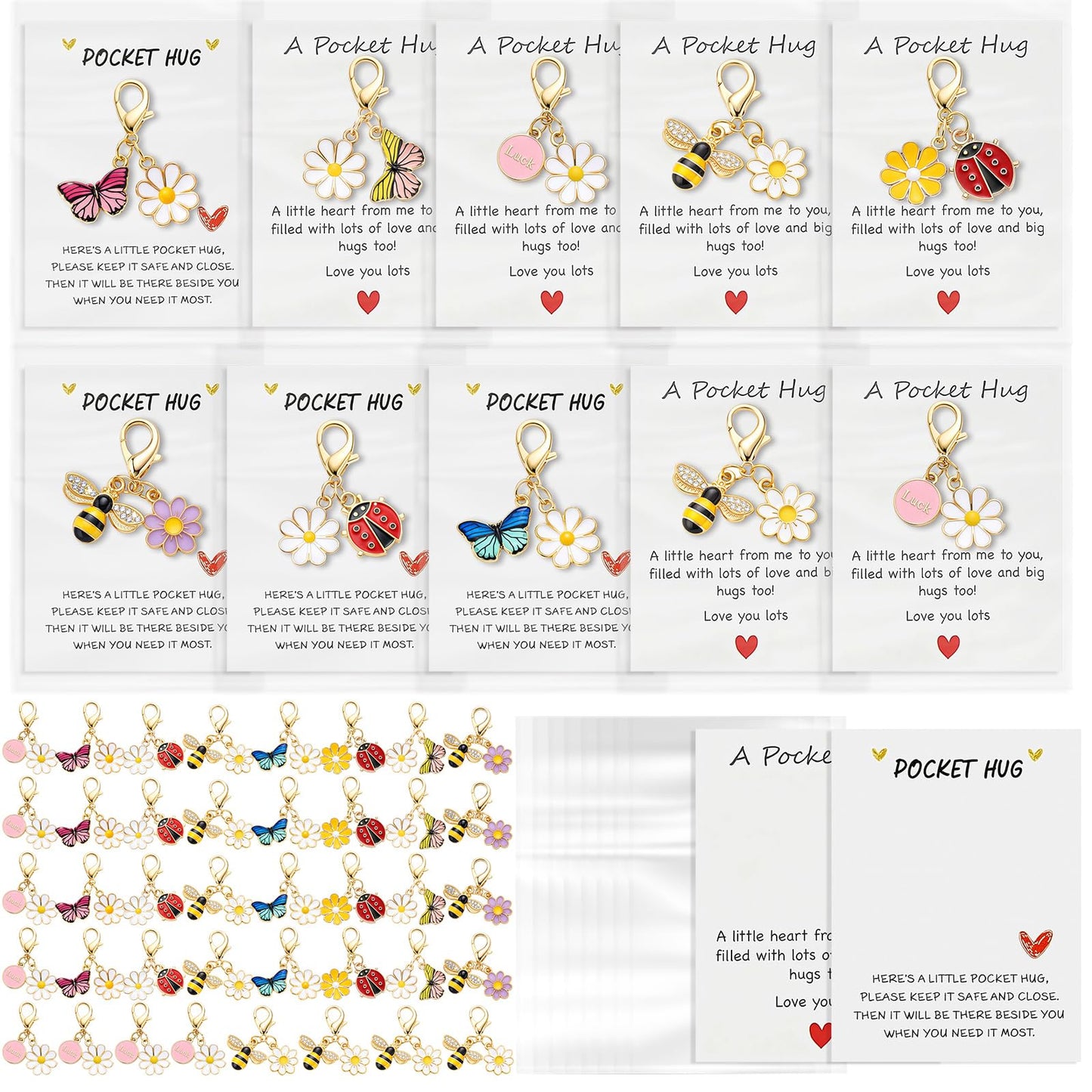 Liliaafar 40 Sets Hug Token Pocket Gifts Bulk Graduation Teacher Appreciation Gifts Inspirational Cards with Mini Charms Back to School Party Favors Emotional Keepsake Bag Charm Accessories