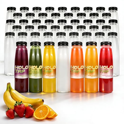 Holotap 30 Pack Empty PET Plastic Juice Bottles 14 OZ Clear Disposable Bulk Drink Bottles with Black Tamper Evident Caps Lids (14 OZ, Black)