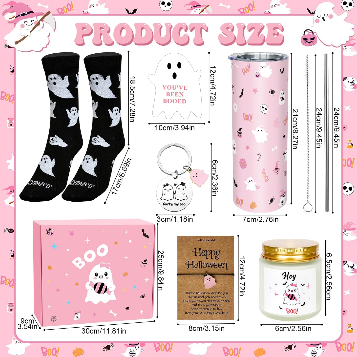 8 Pcs Halloween Boo Basket Gifts Pink Ghost Gift Halloween Boo Basket Stuffers for Women Include 20 oz Ghost Tumbler with Lid and Straw Throw Blanket Socks Keychain Bracelet Candle Card with Gift Box