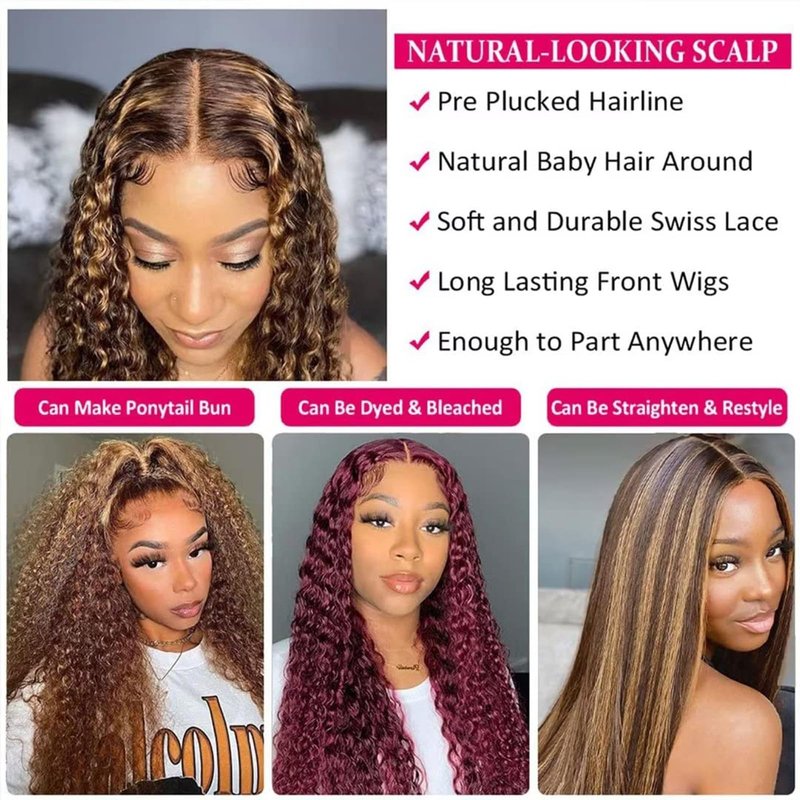 Peenoll Highlight Dark Brown Chocolate P4/30 13X6 Human Hair Lace Frontal Wig Glueless Wigs Human Hair Pre Plucked Pre Cut Lace Frontal Glueless Wigs Elastic Band 200% Density, 16 Inch