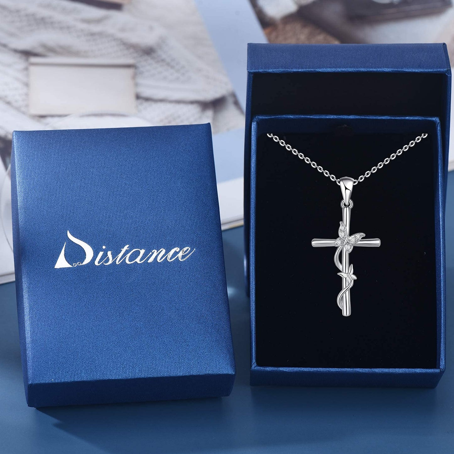Distance Cross Necklace for Women 925 Sterling Silver Double Butterfly Pendant Necklace for Mom Wife Gift for Mother's Day or Birthday
