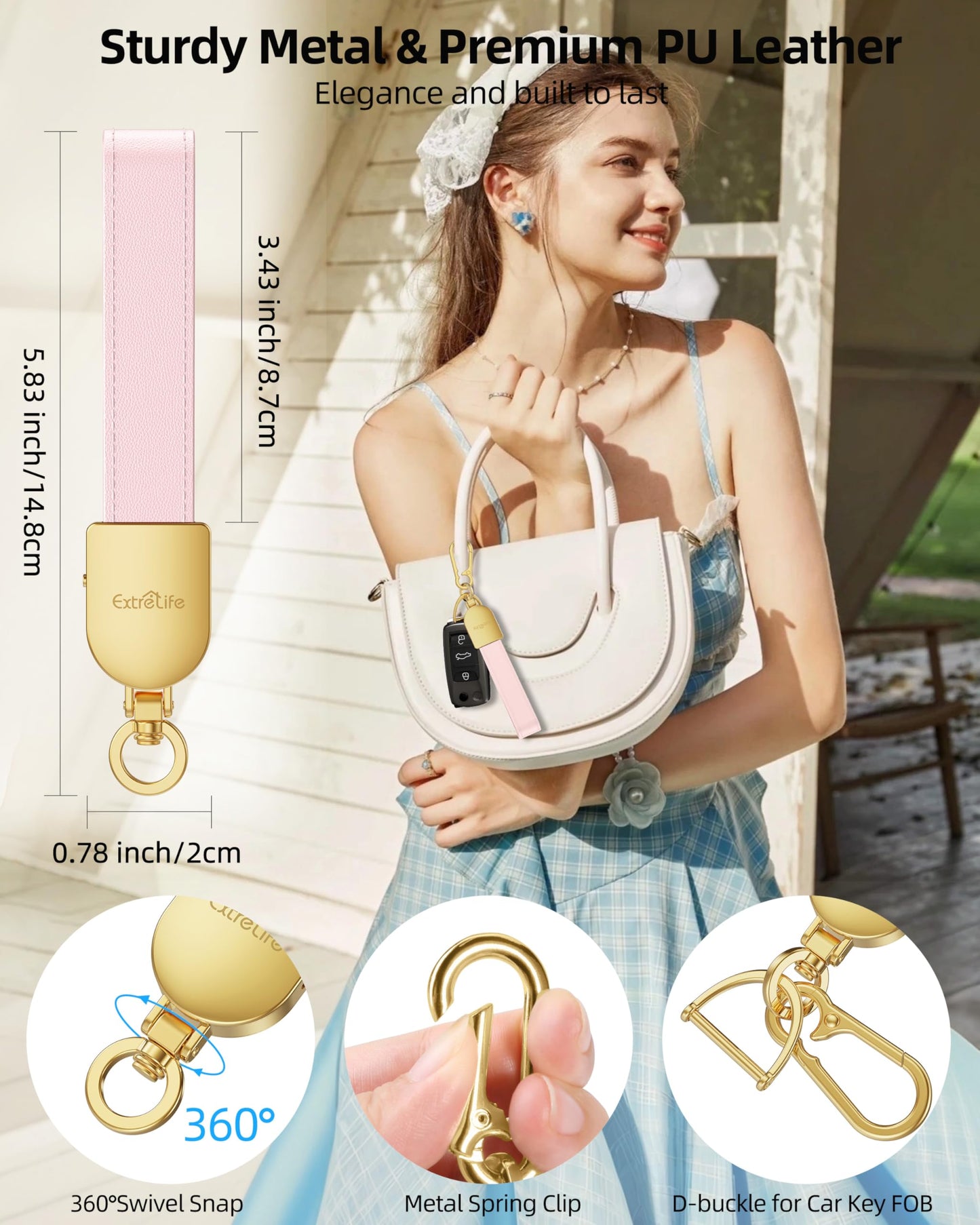 Keychain, Works with Apple Find My, Leather Car Keychain for Women and Men, Car Key Fob Holder, Key Chain with GPS Tracker, Anti-Lost Smart Keys Finder, Rechargeable, Pink