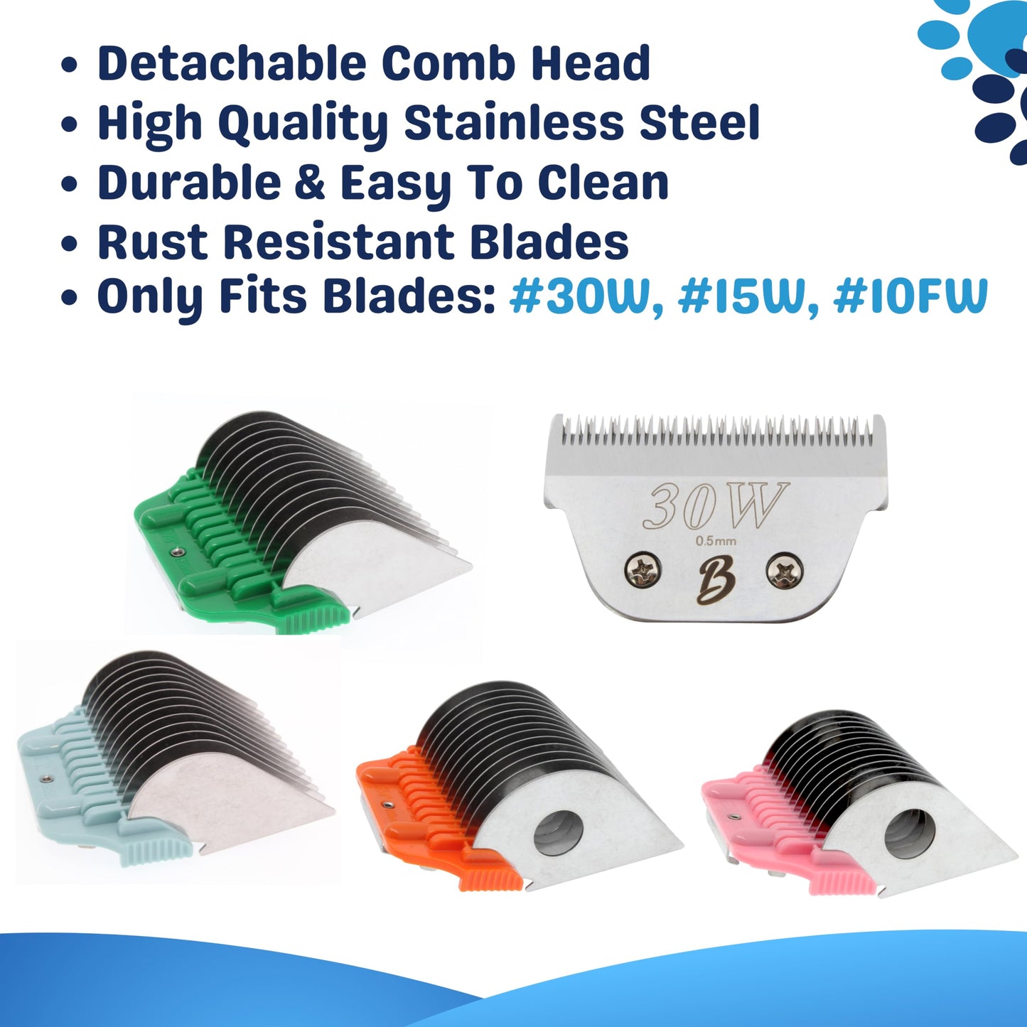30 Wide Blade & 22mm 25mm 32mm 38mm Wide Clipper Guard Attachment Set for A5 Series Clippers| Stainless Steel Blade for Professional Dog Groomers| Snap-On/Off Design Wide Guard Combs for Dog Grooming