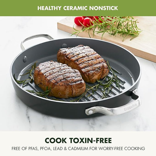GreenPan Valencia Pro Hard Anodized Healthy Ceramic Nonstick 11" Grill Pan, PFAS-Free, Induction, Dishwasher Safe, Oven Safe, Gray