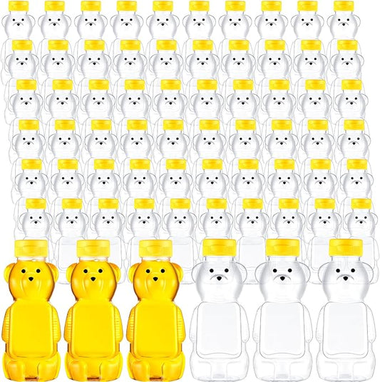 Thenshop 60 Pcs Plastic Bear Honey Bottle Jars Bulk 12 oz Honey Squeeze Bottle Empty with Flip Top Lid Containers Honey Bear Bear Juice Bottle Drinking Cup Yellow Flap Caps for Storing Dispensing