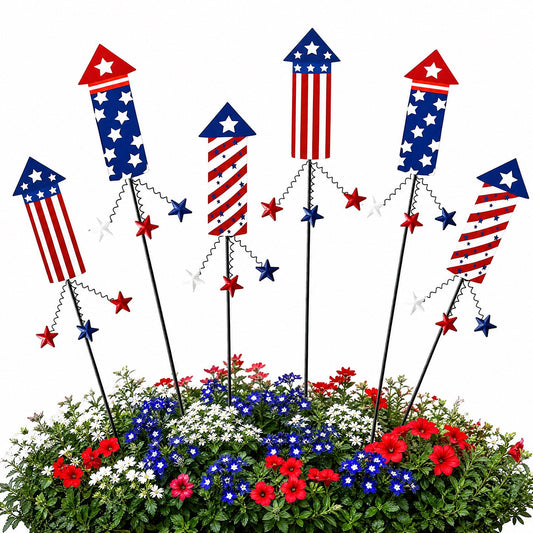 6Pack 4th of July Decorations Outdoor,21.15'' Red White Blue Metal Firework Decorative Garden Stakes for Independence Day Garden Decor,Americana Patriotic Yard Signs Decor for Garden Lawn Porch