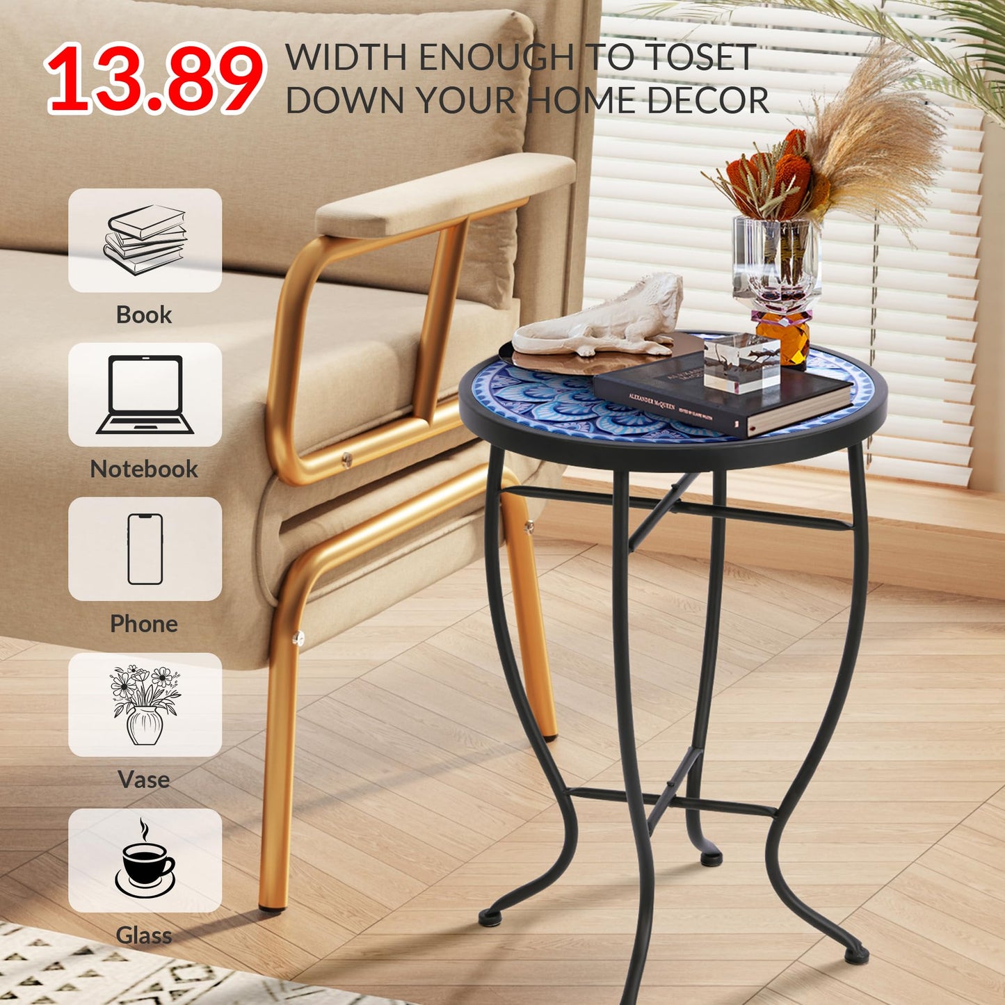 Elevon 14 Inch Round Side Ceramic Tile Top Indoor and Outdoor Accent Table, Greek