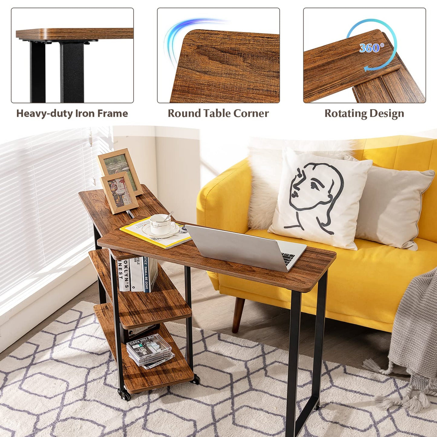 Tangkula 360° Free Rotating Sofa Side Table, Patented Mobile Couch Desk with 2-Tier Storage Shelves, Movable Laptop Desk with Sturdy Metal Frame, Couch Table Snack Table for Home Office (Brown)