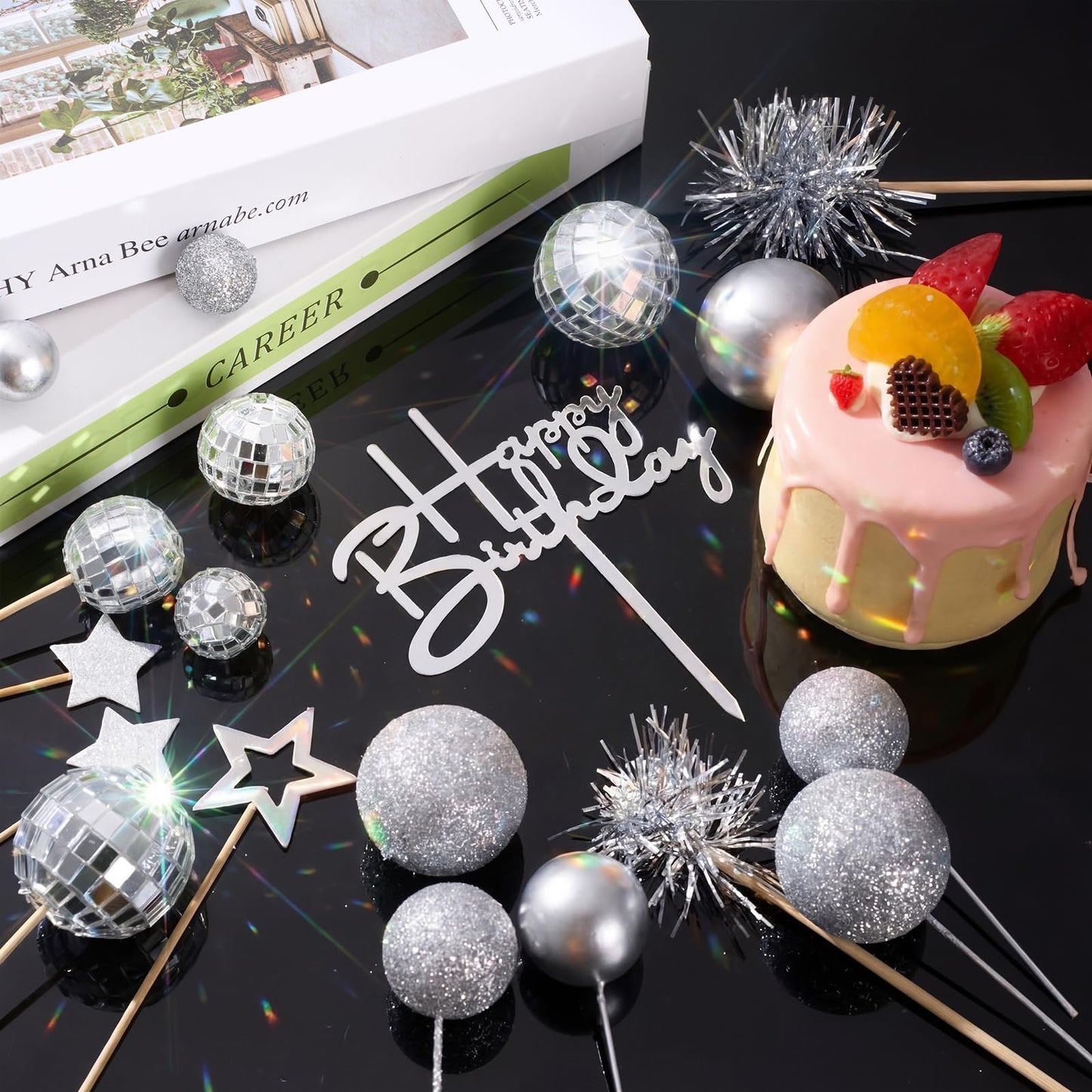 Teenyyou 57 Pcs Disco Cupcake Toppers Glitter Happy Birthday Cake Topper Cake Decorations Kits Disco Balls Star Tinsel Firework Cupcake Picks for Wedding Baby Shower Birthday Party Decor