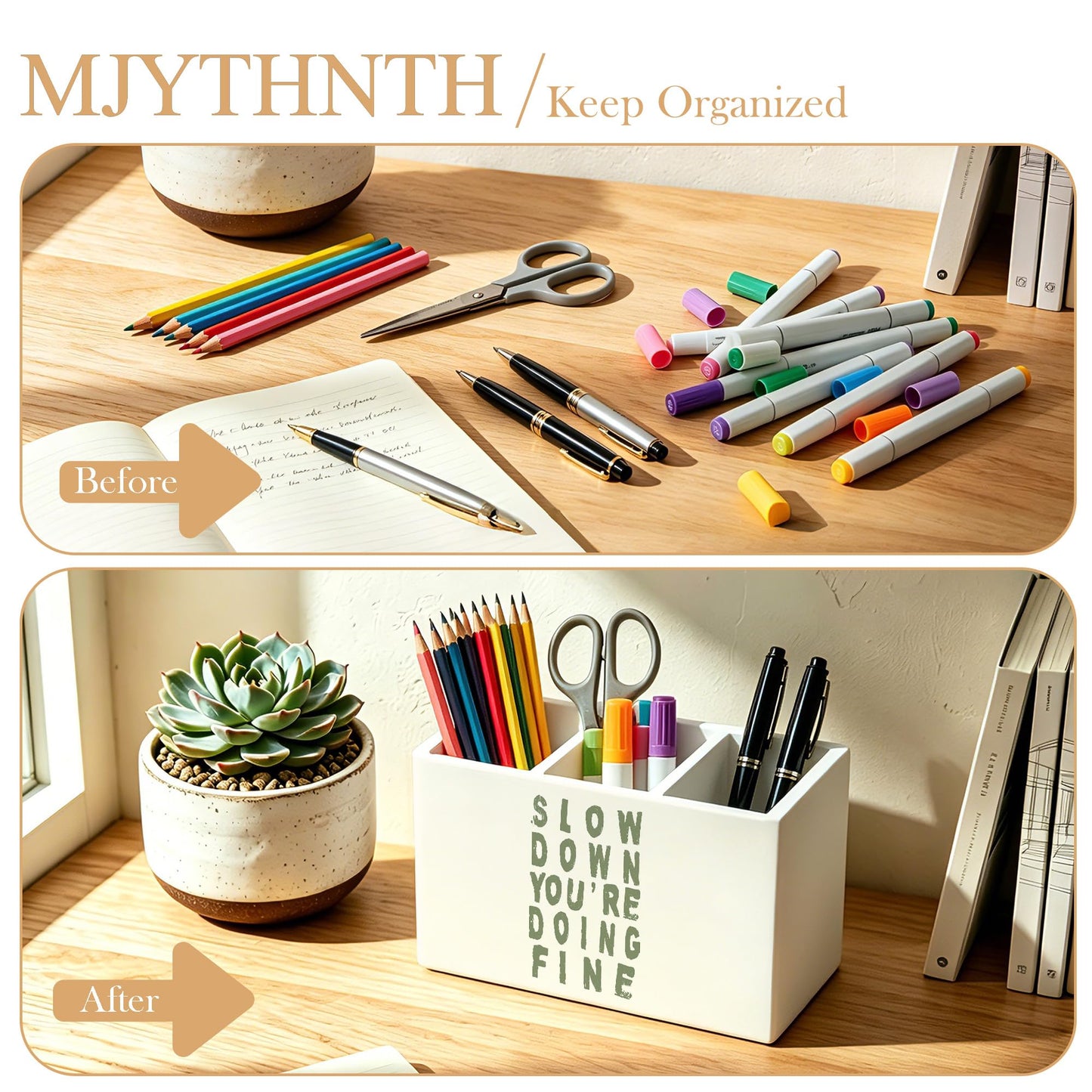 MJYTHNTH Sage Green Inspirational Pencil Pen Holder for Desk, Slow Down You're Doing Fine Motivational Wooden Box Sign Pen Holder Organizer for Home Office Desk Accessories