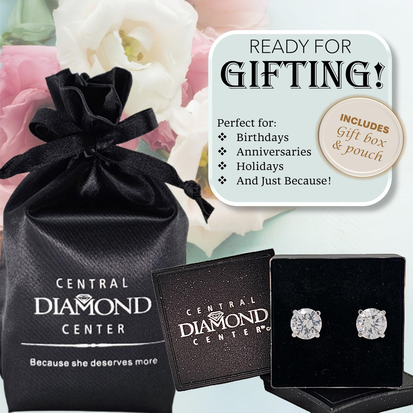 Central Diamond Center 14K Solid Gold Post & Sterling Silver 4 Prong CZ Stud Earrings - Platinum Plated - 9.00mm - 6.00cttw