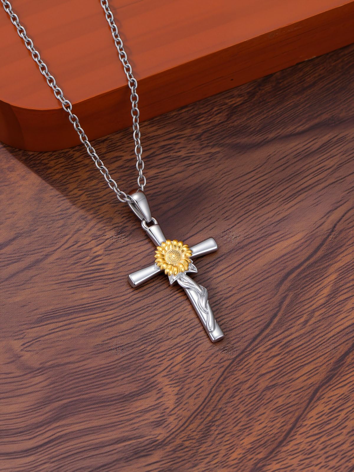Cargari Sunflower Necklace for Women Sterling Silver Sunflower Cross Pendant Jewelry Flower Cross Necklace Gifts