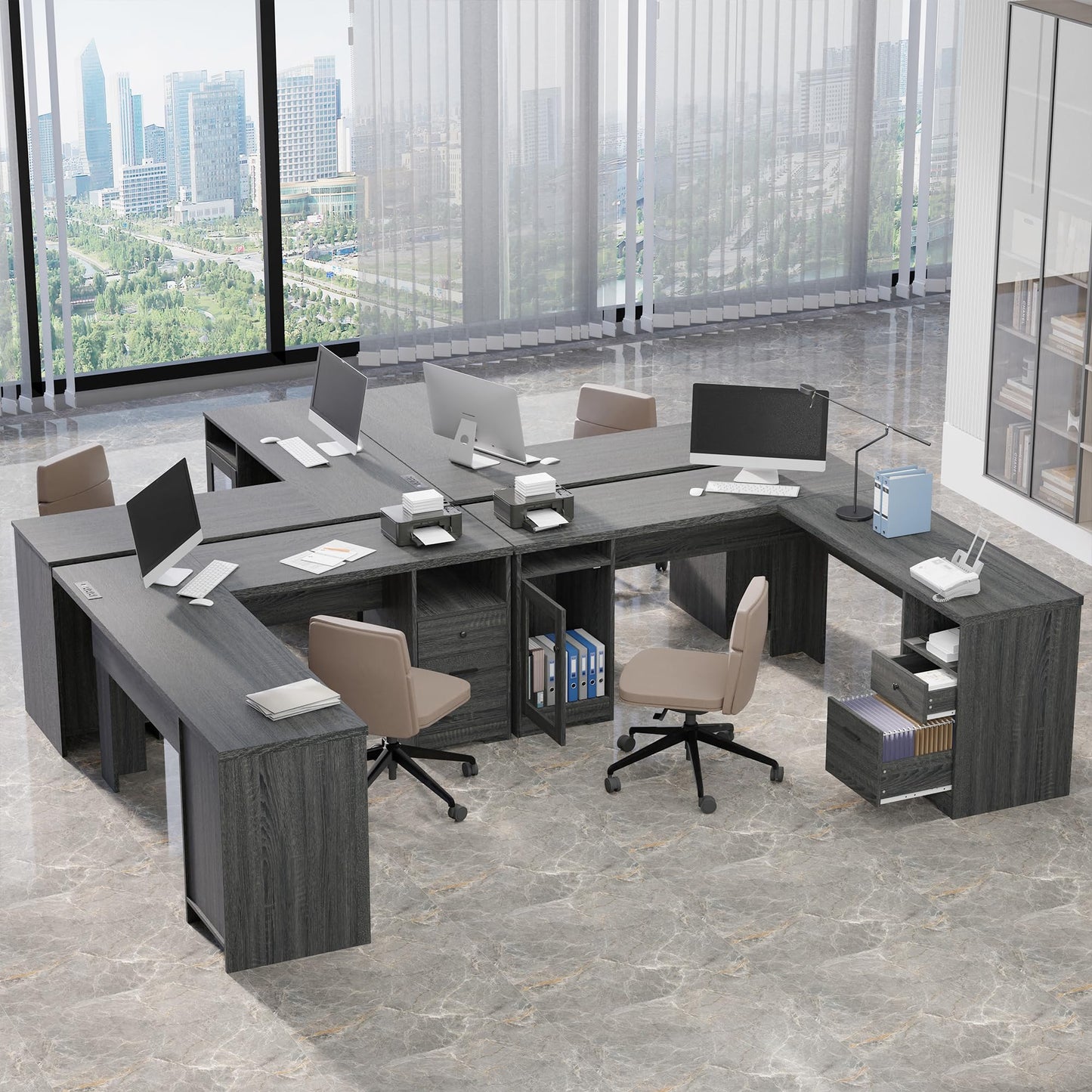 MU L Shaped Desk with File Cabinet, Corner Computer Desk with Storage Drawers, Large Home Office Table with Power Outlets, 60 Inch (Grey)