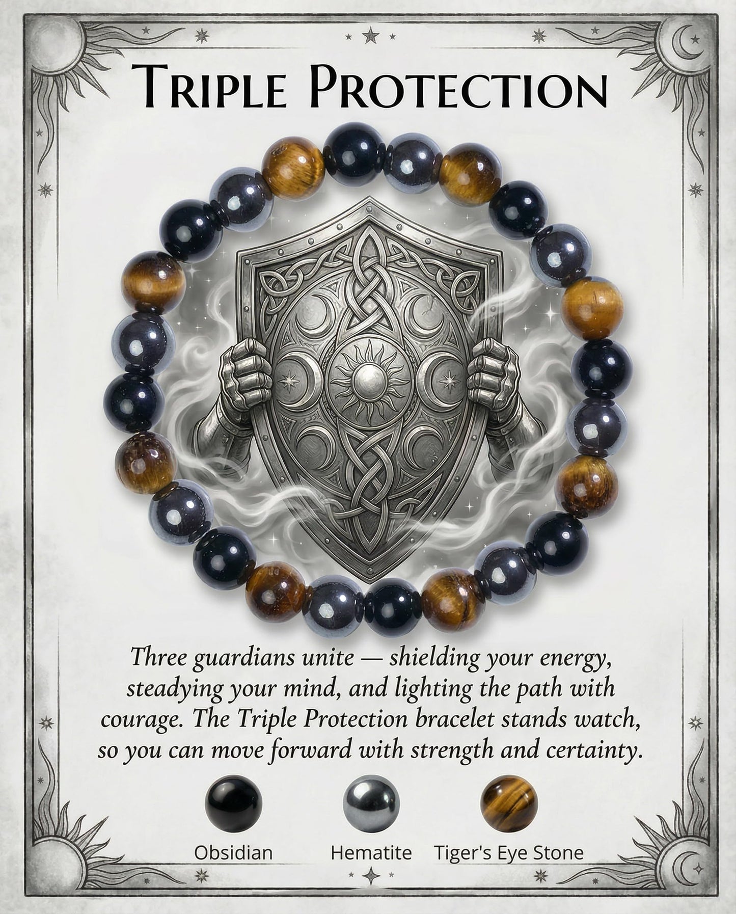 Bivei Triple Protection Bracelet, Strength Crystal Healing Bracelet 8MM with Obsidian & Hematite & Tiger Eye - Spiritual Stretch Beaded Jewelry for Women Men Gift