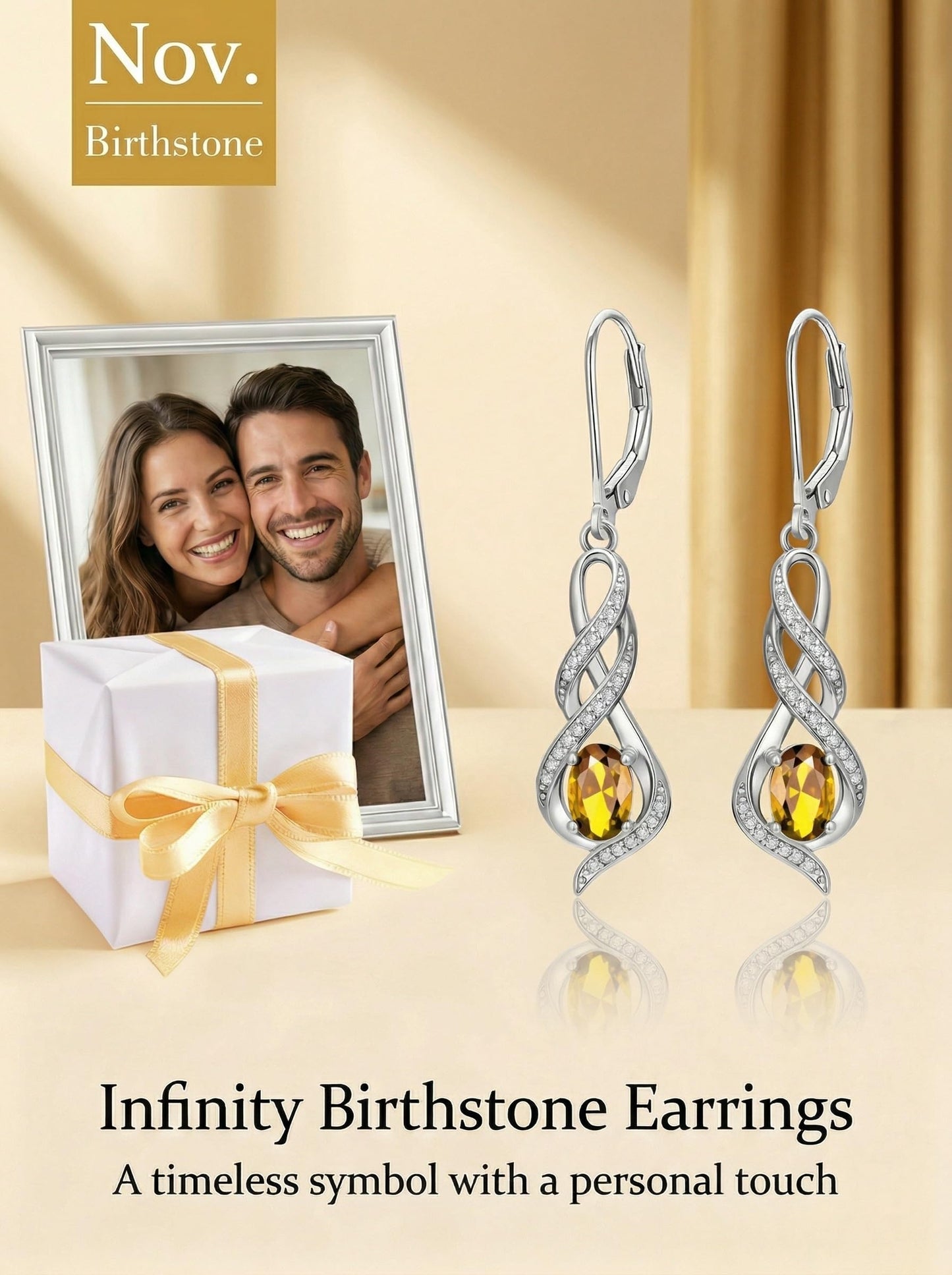 POIUY Citrine November Birthstone Infinity Leverback Dangle Earrings Hypoallergenic Drop Earrings Love Jewelry Anniversary Christmas Wedding Gift for Mom Wife Sister Daughter Girlfriend