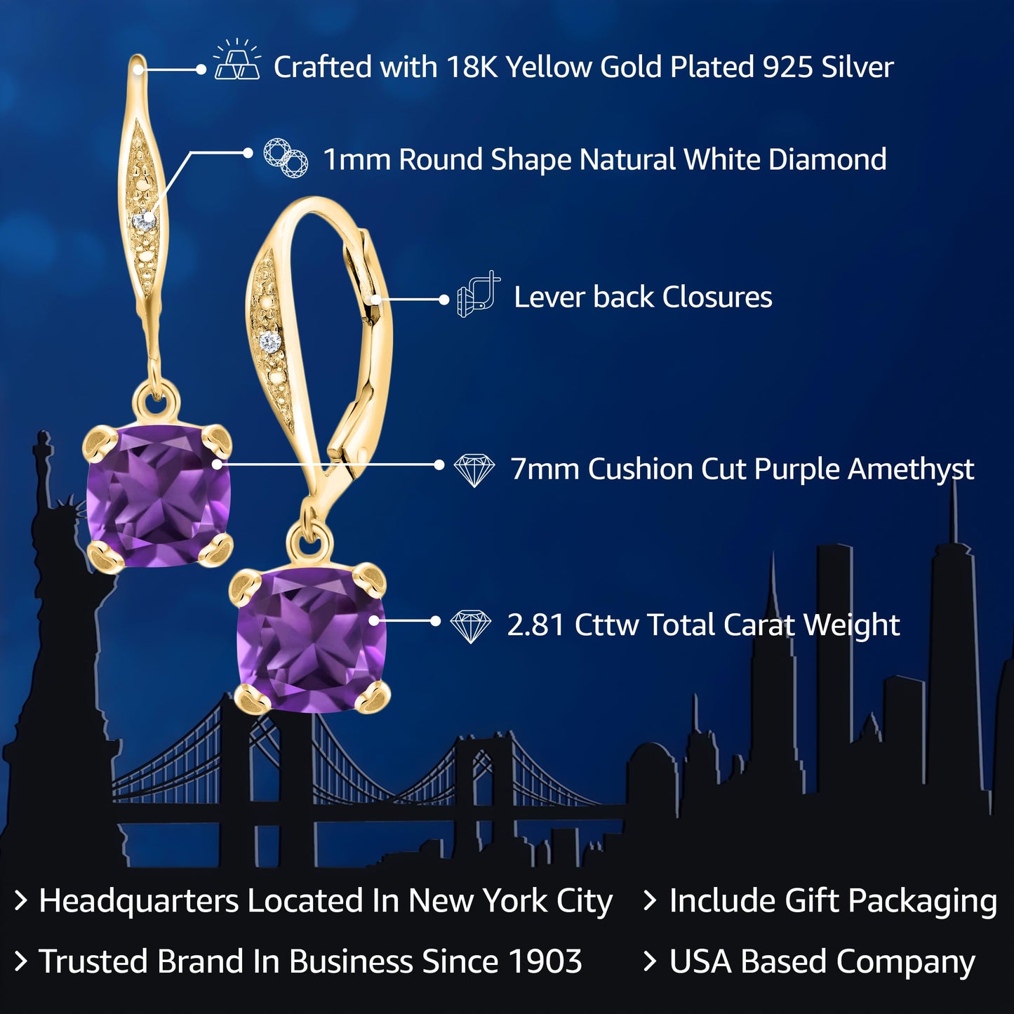 Gem Stone King Drop Dangle Earrings For Women | 7MM Cushion Cut Gemstone Birthstone and Diamond | 925 Sterling Silver | Jewelry Gift for Mom Wife Her | Amethyst-February | Yellow Gold
