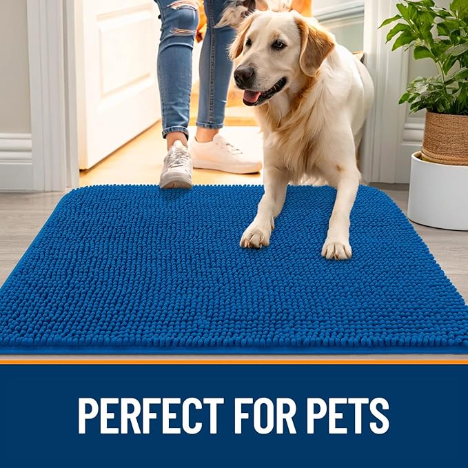 OLANLY Dog Door Mat for Muddy Paws 40x24, Absorbs Moisture and Dirt, Absorbent Non-Slip Washable Doormat, Quick Dry Chenille Mud Mat, Entry Indoor Entryway Carpet for Inside Floor, Deep Navy Blue