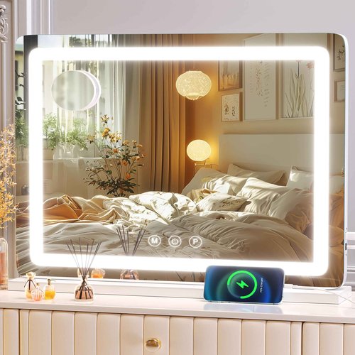 Gvnkvn Makeup Vanity Mirror with USB Charging Port 24" x 19" Large LED Makeup Mirror, Desk Mirorr with Lights, Light up Mirror with 10X Magnification and, Dimmable 3 Modes, Touch Control White