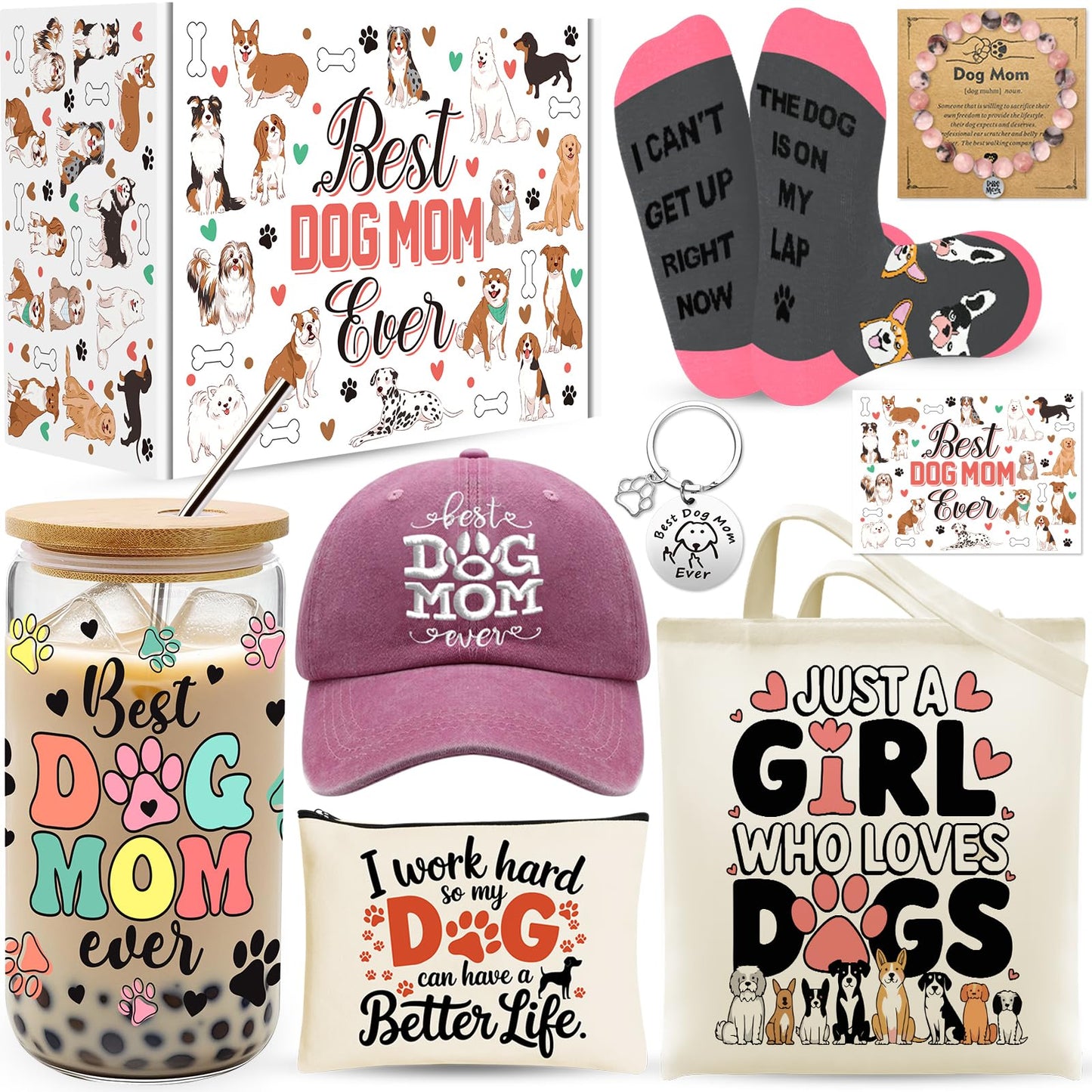 9 Pieces Dog Mom Gifts for Women, Best Dog Lovers Gifts for Women with 16oz Glass Cup, Baseball Cap, Tote Bag, Makeup Bag, Socks, Bracelet, Keychain for Dog Lover Birthday Christmas Mothers Day Gift