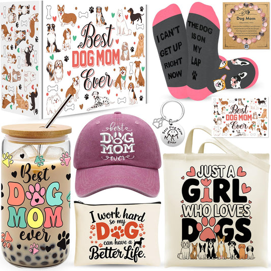 9 Pieces Dog Mom Gifts for Women, Best Dog Lovers Gifts for Women with 16oz Glass Cup, Baseball Cap, Tote Bag, Makeup Bag, Socks, Bracelet, Keychain for Dog Lover Birthday Christmas Mothers Day Gift