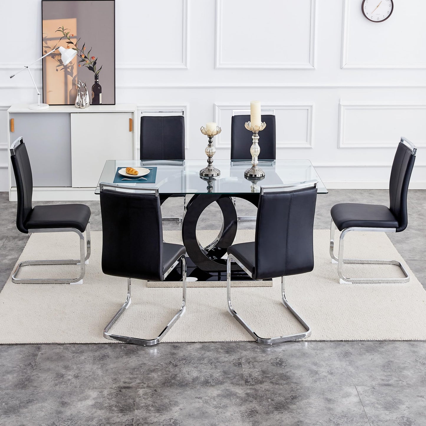 Ebullient Modern 7-Piece Dining Table Set, Tempered Glass Top, 6 PU Leather Ergonomic Chairs, Black