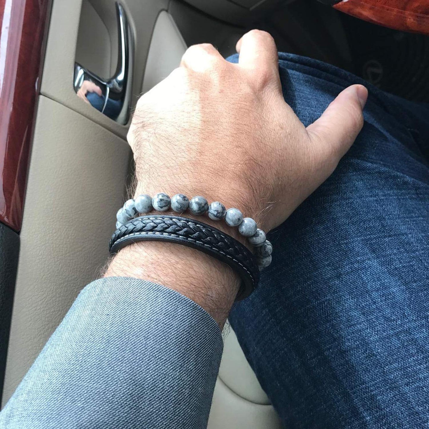 Jade cabbage Men Bracelet Natural Natural Semi-Precious Gemstone Bead Chakra Healing Energy Balance Bracelet for Mens Jewelry Gift (8mm Gray 7.3 inches)
