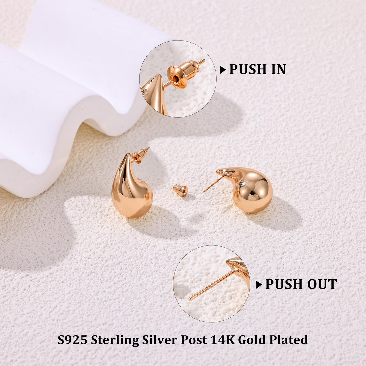 Gacimy 14K Rose Gold Plated Teardrop Earrings Dupes for Women, Chunky Drop Earrings for Women with 925 Sterling Silver Post, 1 Inches Rosegold