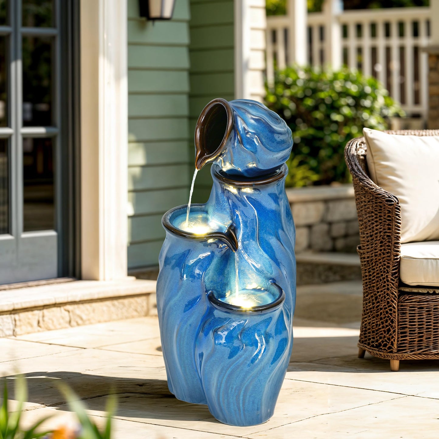 Ultym 29" Ceramic Outdoor Fountain with Lights, 4-Tier Pots Waterfalls Patio Water Fountain, Tranquil Oasis for Relaxing Garden, Yard, or Porch Decor, Turquoise, Dynamic Wave-Texture
