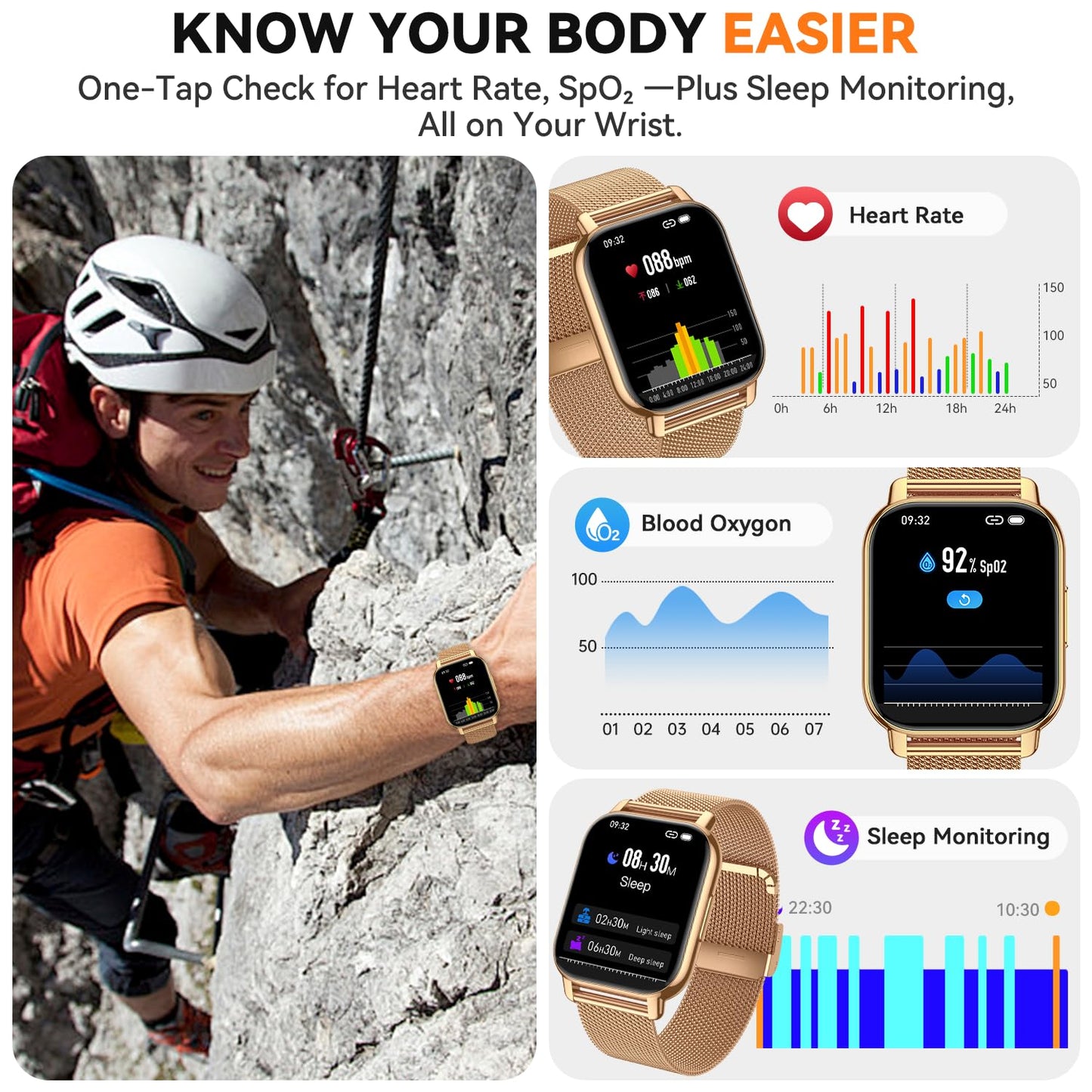 Smart Watch for Women(3 Bands), Smartwatch Fitness Tracker with Bluetooth Calls & AI Voice Control, 1.85’’ HD Screen, Heart Rate/SpO2 Monitor, Sleep Tracker, Compatible with Android iOS (Gold)