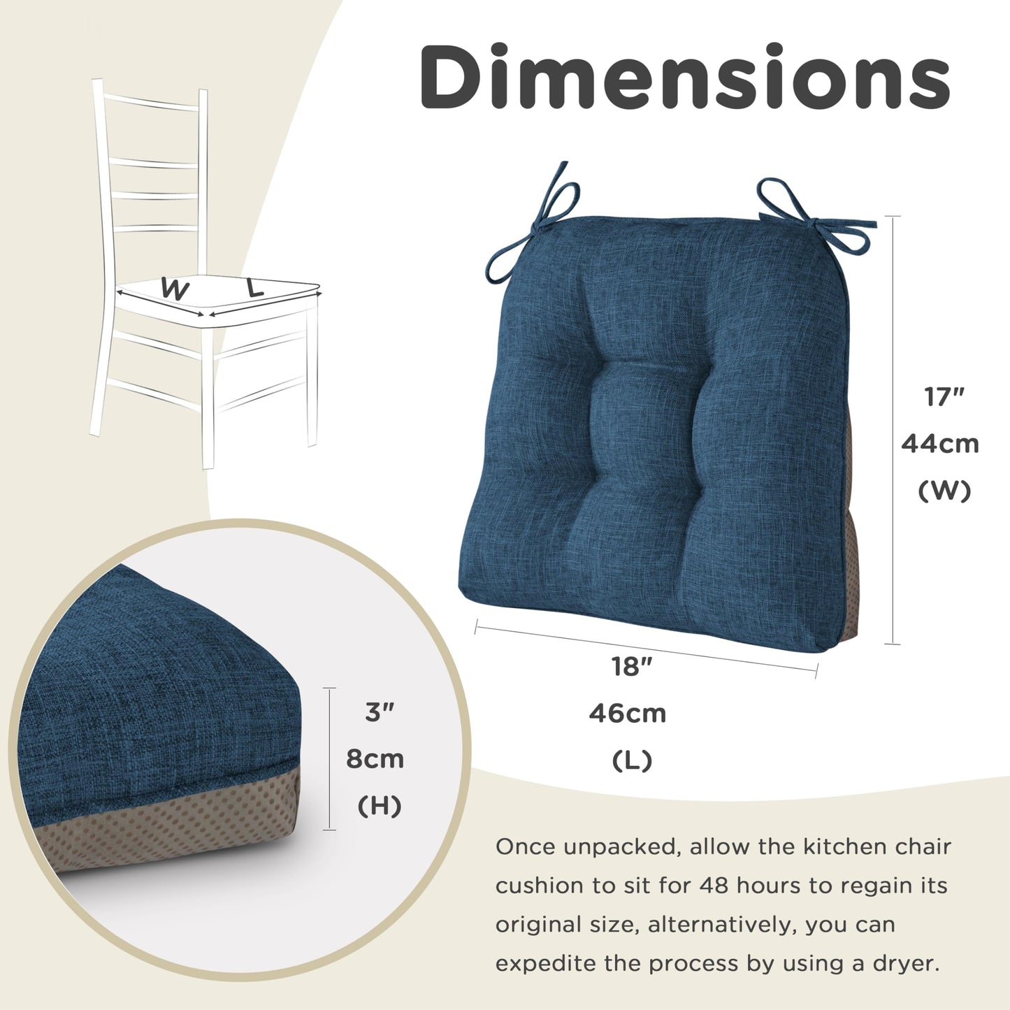 AddGrace Chair Cushions for Dining Chairs Set of 1 Kitchen Seat Cushions with Ties and Non Slip Backing Tufted Indoor Seat Pad for Kitchen Dining Room 18" x 17" x 3" Navy