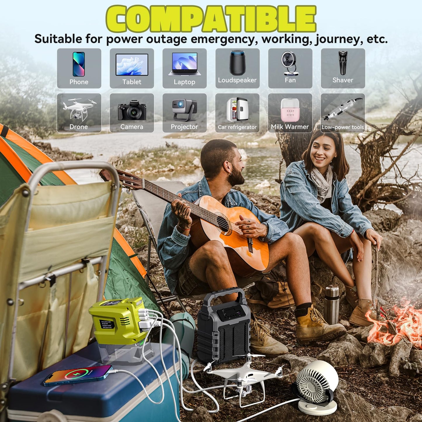 Real 200W Power Inverter Compatible with Ryobi 18V, VoLtTech Battery Inverter 18V to 110V-120V, Phone Charger USB Charger Adapter Power Adapter with 2 USB Ports & 1 Type-C & 1 AC Outlet (No Battery)