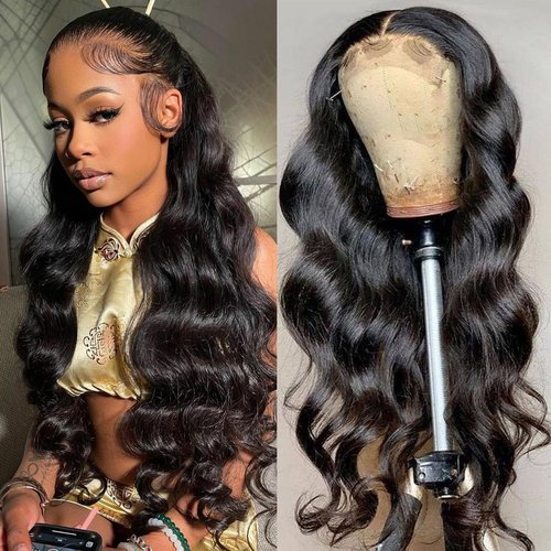 YOUFA 28 Inch Long Body Wave Human Hair Lace Front Wigs Pre Plucked Natural Black Color 13x4 HD Lace Ear to Ear Frontal Wig for Black Women Easy to Style (28 inch)