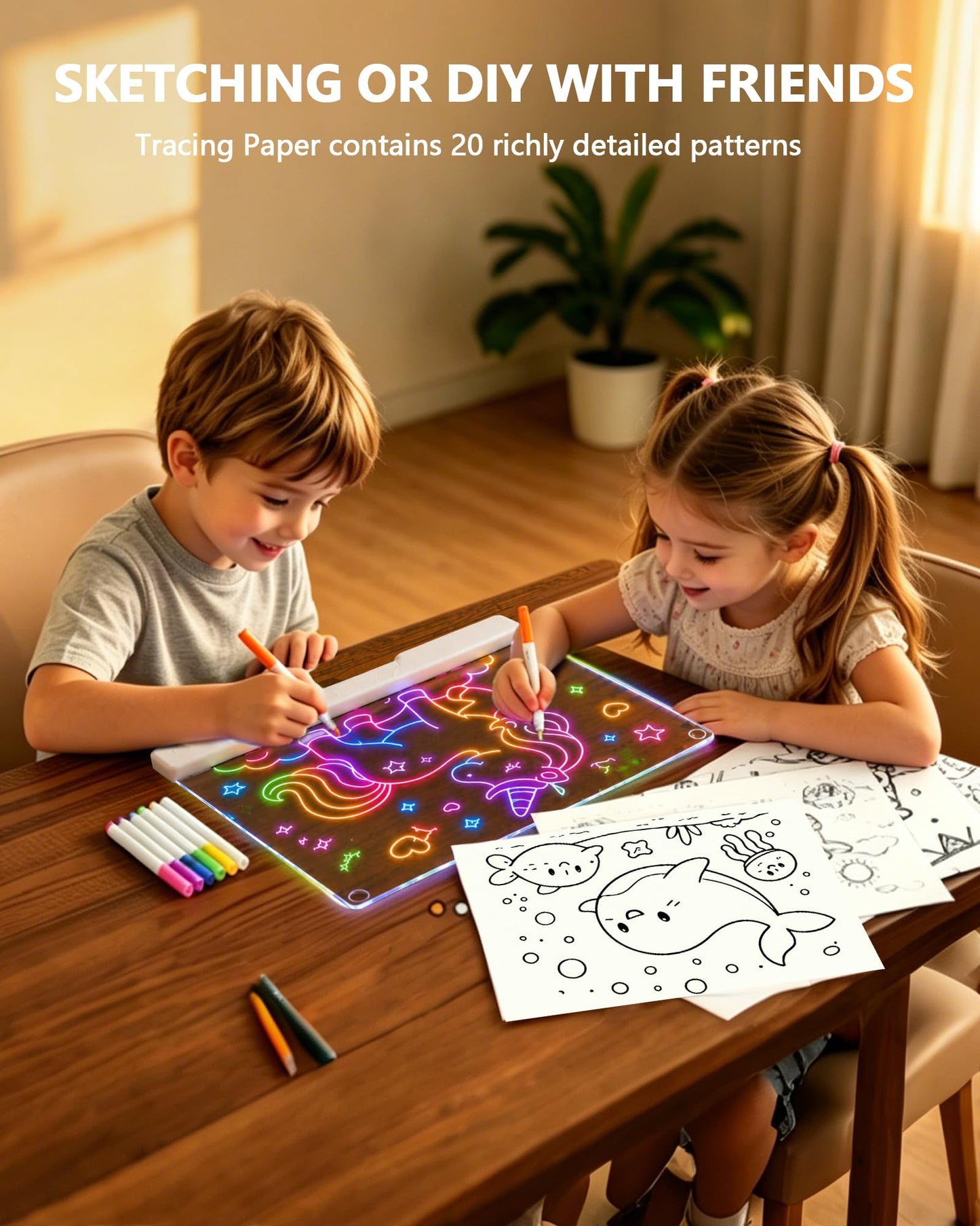 JoyRapt LED Drawing Board for Kids, 16 Inch Light Up Drawing Tablet with 7 Markers & Tracing Book, 3 Modes & 9 Brightness, Art and Craft Drawing Supplies, Girl Birthday Gifts, Room Decor Toys (White)