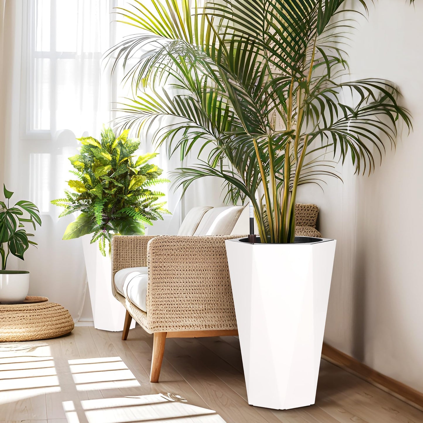 LuyFuitre Set of 2 Tall Planters for Outdoor Plants, 22.5 Inch Tall Planter Pots with Water Level Monitor, Wheels & Inner Bucket for Indoor Outdoor, White