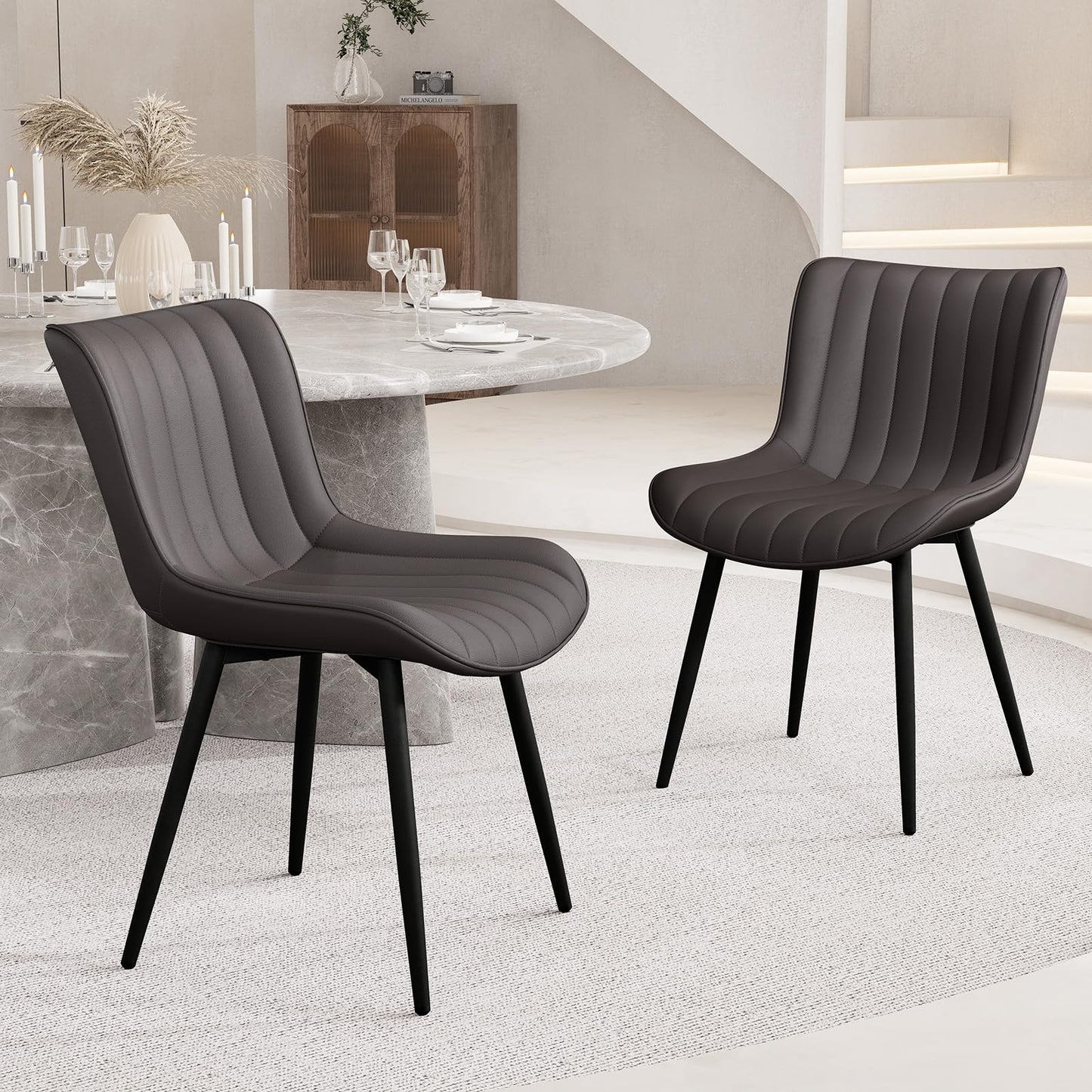 YOUNUOKE Dining Chairs Set of 2 Upholstered Mid Century Modern Kitchen Chair Comfortable Armless Faux Leather Accent Chair with Metal Legs for Guest Waiting Reception Living Room, Dark Brown